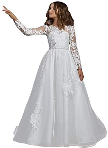 HYGLJL Lace Applique Flower Girl Dress for Wedding Long Sleeve First Communion Dresses 448