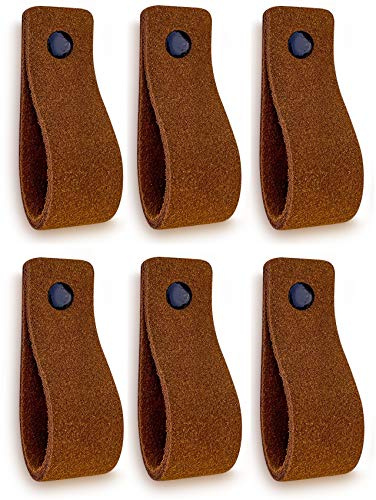 Brute Strength Möbelgriffe aus Wildleder 16,5 x 2,5 cm Cognac 6 Stück | Weiche Tür- und Möbelgriffe aus Wildleder für Schrank, Schublade und Kommode; kurze und lange Schrauben inklusive