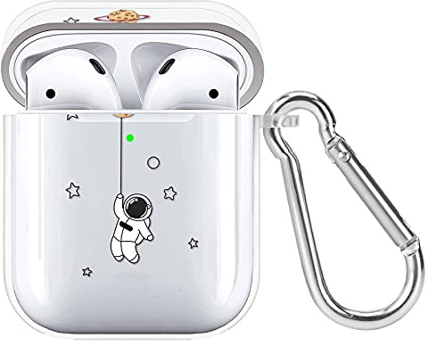 Newseego Custodia per AirPods 2&1, Design Degli Astronauti Portachiavi Case Protettiva in TPU Morbido Antiurto Anti-Slip Anti-Scratch Trasparente Caso Cover per AirPods 1/2-Tirare Il Pianeta
