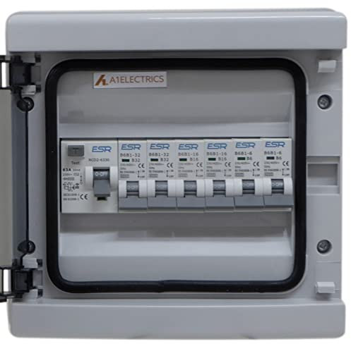 6 Way Consumer Unit 63 Amp RCD and 6x MCB Circuit Breakers 6A 16A 32A Type B IP65 Weatherproof Outdoor Outbuilding Garage Shed