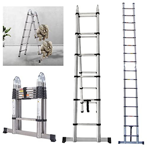 Telescopic Extendable Folding Ladder 5M Multi-Purpose Ladder 2.5M + 2.5M A Frame Collapsible Ladder with 16 Stpes Capacity 150kg / 330lbs EN131