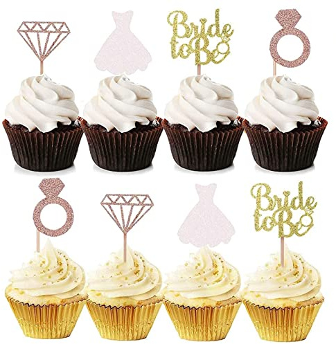 Bymivofun 24 stycken glitter brud tårtlock, bride to be diamant ring cupcake-topper, för brudpartytillbehör, unga säljarmö, unga säljares dekorationer