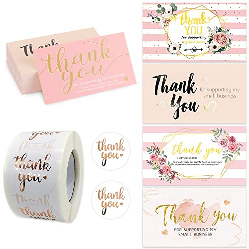 Set di 750 biglietti di auguri Grazie per il vostro ordine, 250 mini biglietti di riconoscimento in lamina d'oro con 500 adesivi di ringraziamento, biglietti di auguri per negozi al dettaglio
