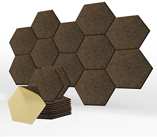 SK Studio 12 Stücke Akustikplatten, Akustik Hexagon Panels 35 x 30 x 0.9cm Selbstklebend Schallschutzpaneele Hochdichte Wandfliesen für Tonstudio, Büro, Studio, Akustische Behandlung Braun