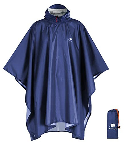 ANYOO Waterproof Rain Poncho Lightweight Reusable Hiking Rain Coat Jacket with Hood for Outdoor Activities,Navy,One Size