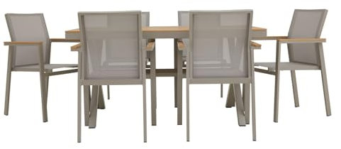 CARO-Möbel Gartenmöbelset Windy mit 1 Tisch und 6 Stühlen aus Alu und Non-Wood in Champagner, Esstisch Set in Holzoptik, Stühle mit Netz witterungsbeständig bespannt