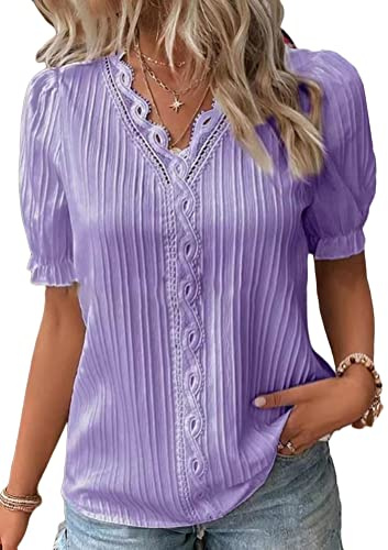 ORANDESIGNE Donna Blusa Pizzo Camicia Elegante Camicetta Magliette Scollo a V Manica Corta a Sbuffo Casuale Leggera Camicie Maglietta Moda T-Shirt Allentato Tops Estate A Viola XL