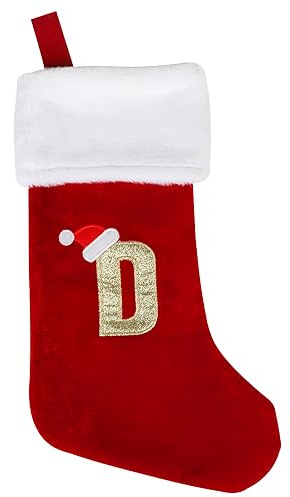 VEYLIN Weihnachtsstrümpfe mit Buchstaben, 50,8 cm, Plüsch-Weihnachtsstrümpfe, groß, bestickt, Weihnachtsstrümpfe für Kinder/Erwachsene, roter Buchstabe (D)