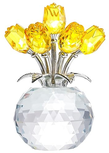 YWHL Handmade Crystal Yellow Rose Flower Figurine With Round Vase, Romantic Gifts for Wife Mom on Anniversary Birthday Mother's Day, Glass Flower for Sister Friends, Wedding Home Decorations