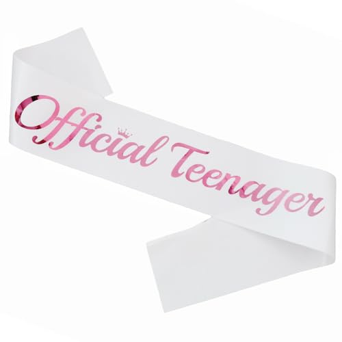 Official Teenager Sash White, Pink Foil Birthday Sash for Girl 13th Funny Birthday Party Decorations, Bday Sash Gift Ideas
