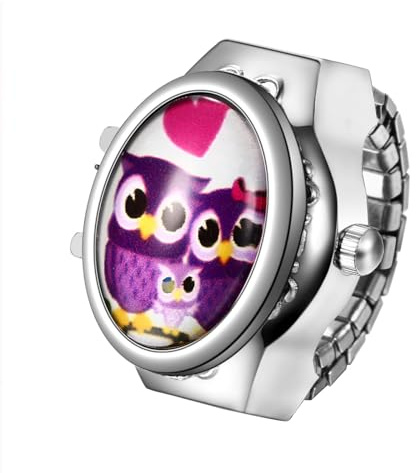 JewelryWe Ringuhr Fingeruhr Damen Analog Quarz Uhr Elastisch Ring Edelstahl Eule Deko Uhr Uhrenring Weiß Schwarz Rot