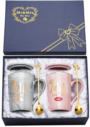 Regalos de Boda para los Novios, Regalos Originales Para Parejas, 2PCS Tazas Pareja de Mr Mrs, Regalo Pareja Regalo Boda, Regalo Aniversario Pareja, 400ml Tazas para Parejas con Tapa y Cuchara, Caja