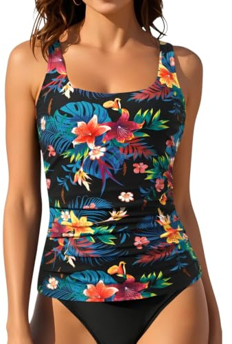 Aqua Eve Parte Superior de Tankini para Mujer, Parte Superior de Traje de baño con Control de Abdomen, Parte Superior sin Parte Inferior, Modesta Parte Superior de natación, Flor Negra y Colorida,