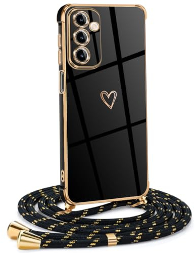 Mkej Coque pour Samsung Galaxy A15 5G avec Cordon de Collier, Coque avec Cordon Motif Coeur d'amour TPU Housse, Collier RéglableTéléphone Portable Lanyard Case Samsung Galaxy A15 5G, Or Noir