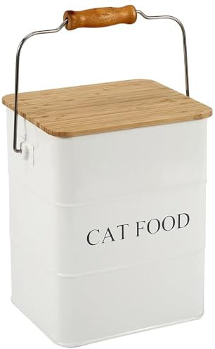 Geyecete Metal Cat Food Container - 6L - Hermetic Boxes for Food and Treat Animals - Wood Lids - Coated Carbon Steel - Cat Food Tray with Handle -White