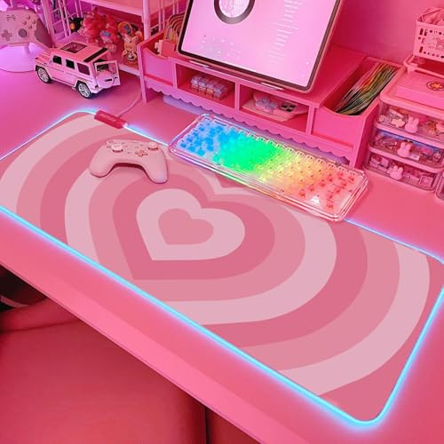 JMIYAV Pink Love Mouse Pad RGB Gaming Mouse Mat XL XXL Large Extended Glowing Led Light Up Desk Pad Non-Slip Rubber Base PC Computer Keyboard Mouse Pad Cool Cute Mousepad Mat 80 * 30cm
