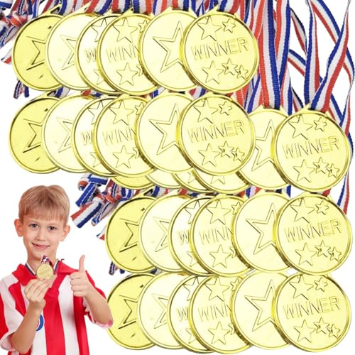 Leikurvo 100 Pcs Medaillen für Kinder, Gold Siegermedaillen Kinder Plastikmedaillen Goldmedaille, Medaillen Kindergeburtstag für Schule, Sportstag Kindergeburtstag Party Spiele Partygeschenk