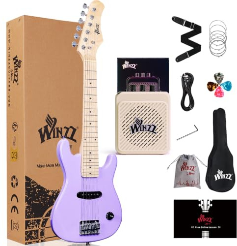 WINZZ E-Gitarren-Set für Kinder, 76,2 cm, Mini-E-Gitarre für Anfänger, mit Verstärker, Tasche, zusätzlichen Saiten, Plektren, Gurt, Kabel und Schlüssel, Special Purple