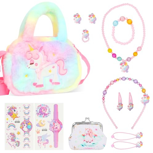 ZUYIST 14 Pezzi Unicorno Bambina Regalo, Accessori Capelli Bambina gioielli braccialetto, anello, clip per capelli, collana, fascia per capelli, clip orecchio, cravatta per capelli