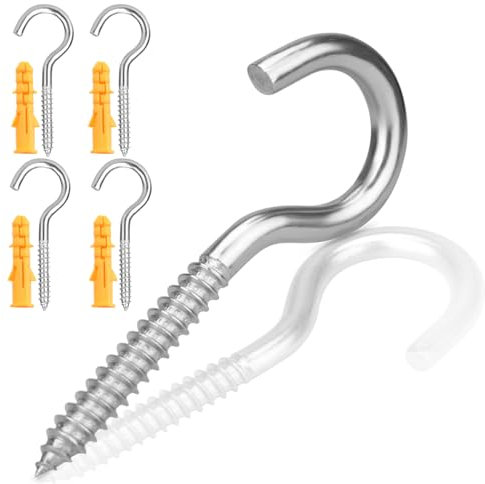 Garegce 304 Screw-in Hooks in Stainless Steel, 63mm (2.48 inch) Eyelet Screw Hooks, Washing Line Hooks, Metal Screw in Ceiling Self Tapping Stainless Steel for Hanging Plants, Cups, Utensils, 4 PCS