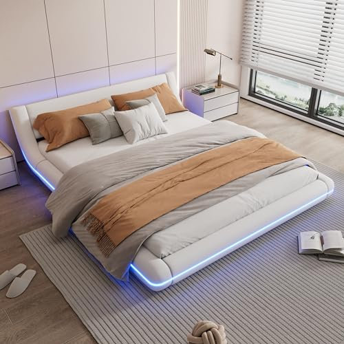 Rtopsu Letto Imbottito Letto Matrimoniale 160x200 cm, Letti con Illuminazione a LED, Letti da Terra Moderno con Rete in Metallo e Rete a Doghe in Legno, PU, Bianco, Senza Materasso