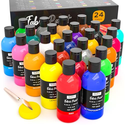 Nicpro Pintura permanente para tela de 24 colores (8.4 onzas, 250 ml), pintura textil suave para ropa, pintura textil no tóxica para manualidades, camisetas, zapatos, jeans, bolsas, lona para adultos