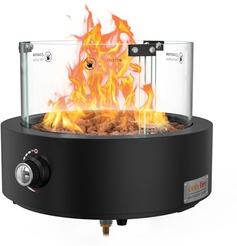 Onlyfire Outdoor Gas Feuerstelle, 6,74KW Gas Terrassenfeuer | Rund Gas Feuertisch mit Unterer Lufteinlass, Glaswindschutz, Lavastein, für Terrasse Garten und Balkon, Schwarz