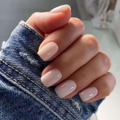 Irikdescia 24 piezas Press On Nails, Marfil Unicolor Cortas Cuadradas Medianas Forma Uñas postizas Uñas artificiales, uñas con pegamento, uñas postizas cortas