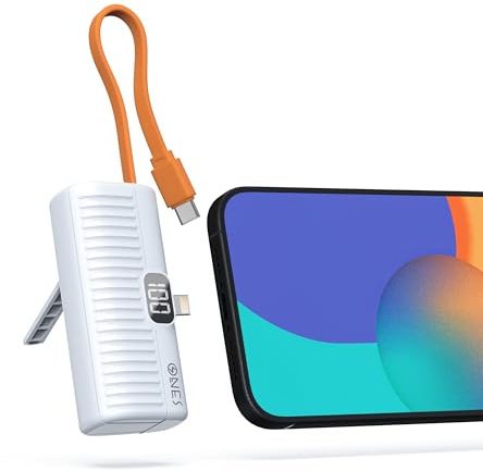 ONES Power Bank 5000mAh Bateria Externa, Carga Rápida, Mini Cargador Portátil con Pantalla LED/Soporte para iPhone 16 15 14 13 12 11 Pro Samsung S23 S22 etc, Conector Lighting y Cable USB C, Blanco