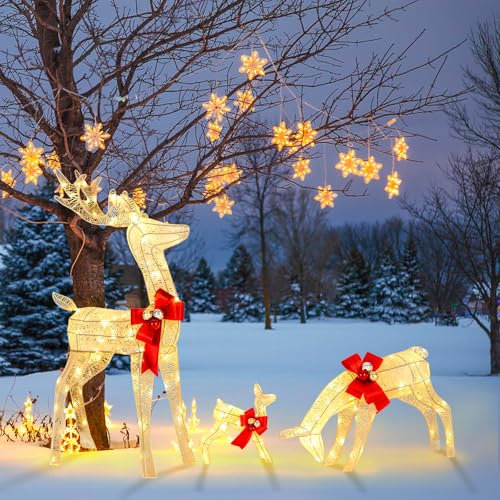 SOARS 3-teilige LED Rentier Familie, Weihnachtsdeko mit 230 warmweißen Lichtern, Rentier beleuchtet aussen groß, Weihnachtsfigur, Weihnachtsbeleuchtung, Weihnachtsdekoration für außen & innen