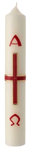 Osterkerze, 10% Bienenwachsanteil, mit rot-goldenem Kreuz, 400x60 mm
