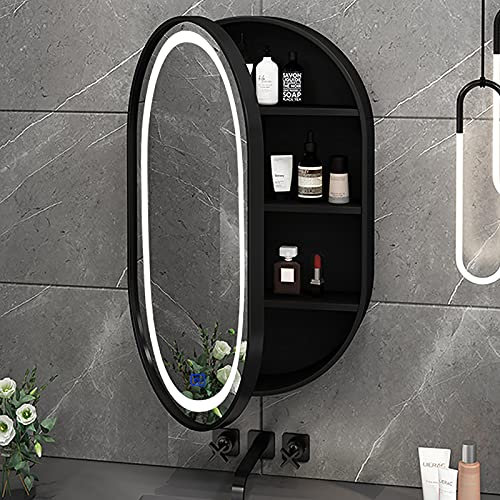 LED-Badezimmer-Wandschrank, 70 x 40 cm, mit Sensor, Touch-Steuerung, ovale Form, 3 Farben, Lichttemperatur (3000 K/4500 K/6000 K), Schwarz