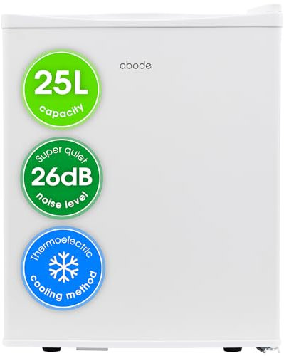 Abode Quiet Mini Cooler 25L Thermoelectric for Drinks with Adjustable Thermostat, Portable in White, Compact For Bedroom, Home, Caravan with Reversible Door A25THBC102W