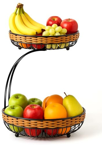 LEEJARD 2-Stöckiger Obstkorb Mit Abnehmbarer Obstschale | Geflochtene Etagere Aus Synthetic Rattan, Separat Verwendbar