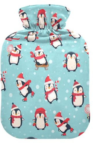 Wärmflasche mit Bezug, Schnee Winter Pinguin 1L Auslaufsicher Wärmbeutel für Hand Füße Wärmer Nacken Schulter Rücken Muskel Schmerzlinderung Kaltkompresse