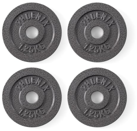 Phoenix Fitness Cast Iron Weight Plates - 1-Inch Free Weight Plate for Barbell Dumbbell Bars, Weightlifting & Strength Training at Home Gym - Set of 4, 1.25kg