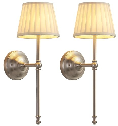 KDG Cordless Wall Sconces Set of 2, Small Wireless 5200mAh Rechargeable Battery Fabric LED Wall Lamps, Portables Lightings for Wall Painting, Living Room, Bedroom, Hallway, Gifts, Night Light (Nickel)