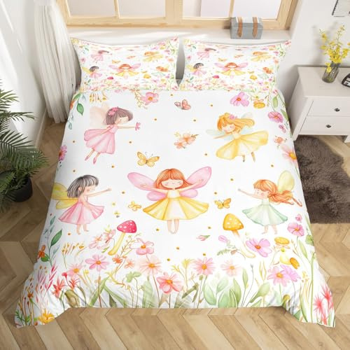 Homewish Girls Cute Fairy Duvet Cover Double,Floral Butterfly Fairy Bedding Set for Kids Bedroom Decor,Watercolor Flower Bed Set Mushroom Duvet Cover 3Pcs (No Comforter)