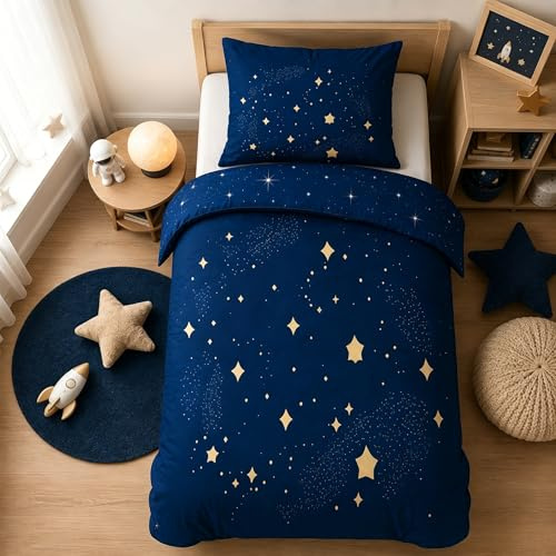 phonxia Parure de lit 90x190 Enfant Garçons et Filles Housse de Couette 1 Personne Ciel éToilé Bleu éToiles Jaunes Univers DéCoration De Chambre Enfants Espace Ensemble de lit et Taie d’Oreiller