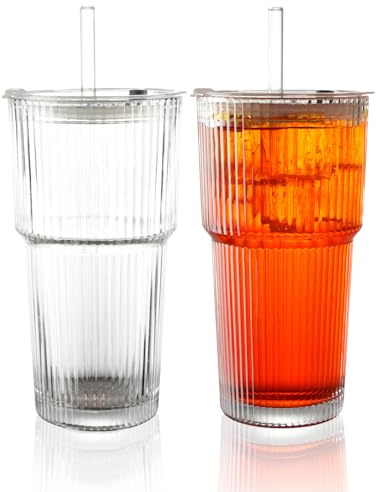 Wynthex 2 Stück 600ml Trinkbecher mit Deckel und Strohhalm, Luftdicht Wasserdicht Design Glasbecher Set, Glas Smoothie Becher für Cappuccino, Latte, Tee, EIS, Eistee, Iced Americano, Milch, Saft