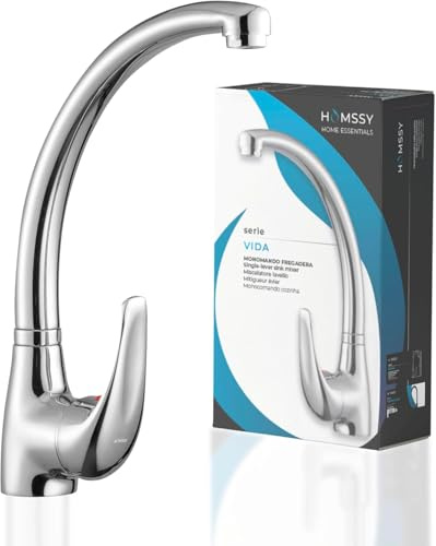 HOMSSY Grifo de Cocina Monomando Vertical para Fregadero, Grifo de Cocina Clásico, Acabado en Cromo y Latón, Diseño Elegante
