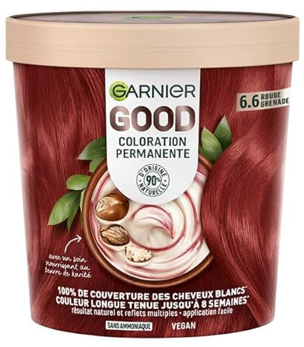 Garnier - Permanente Haarfarbe – ohne Ammoniak – 90% Inhaltsstoffe aus natürlichen Ursprungs und veganer Formel – Sheabutter – 100% Abdeckung für weißes Haar – Granatapfelrot (6,6) – Good