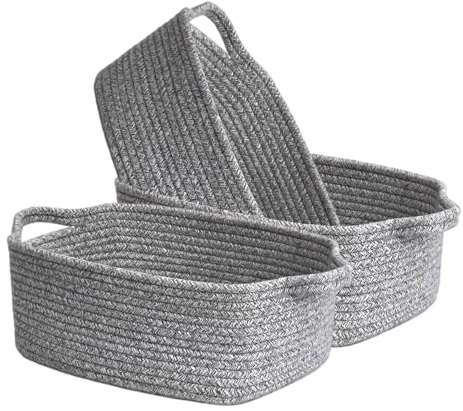 MOLVCE Baumwollseil Aufbewahrungskorb 3er-Set, Aufbewahrungskorb aus Baumwolle Korb Faltbare mit Griffen, Square Wäschekorb Baumwolle Korb für Wohnzimmer, Kinderzimmer, Badzimmer, Blume grau
