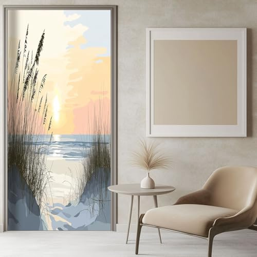 Türtapete Selbstklebend Strand Schilf Sonnenaufgang 77x200 cm Hellgelb, Türaufkleber Fototapete Türfolie Wasserdichte Abnehmbare Türposter Innentür Schlafzimmer Mädchen und Junge
