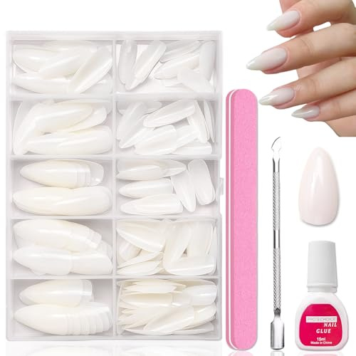 120 Stück Milchig Weiß Künstliche Fingernägel - Medium Press on Nails Almond - Glossy Einfarbig Nägel Zum Aufkleben Set Für Nail Art - Elegant Acryl Kunstnägel Zum Aufkleben Für Frauen (Milky White)
