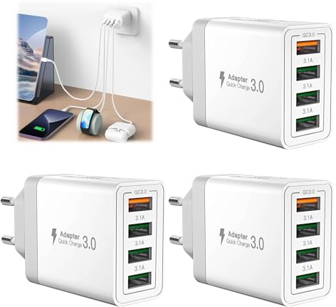 3 unidades USB cargador USB fuente de alimentación 4 puertos cargador con Qc 3.0 cargador rápido múltiple USB múltiple para iPhone 15 14 13 12 11 Pro Max Plus, iPad, Samsung Galaxy S24 S23
