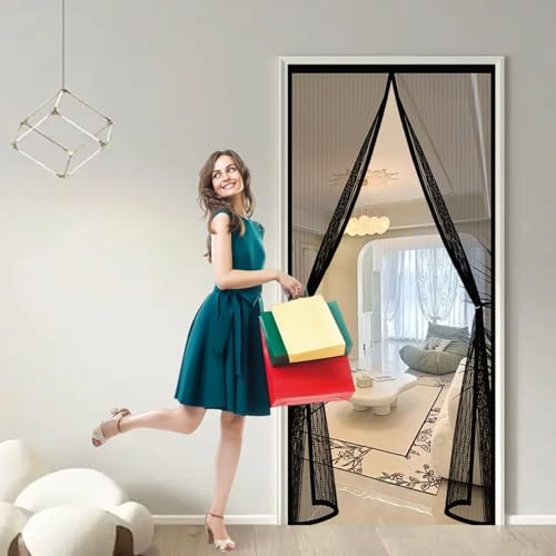 Fliegengitter Balkontür Magnet 111 x 165 cm Ohne Bohren, Stärkere Magneten, Automatisches Schließen, Fliegengitter Tür mit Rahmen für Schlafzimmertür, Fenstertür, Schwarz