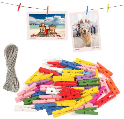 msymsyu Lot de 120 pinces à linge en bois - 2,5 x 0,3 cm - Avec ficelle de 10 m - Petites pinces pour accrocher des photos et des cartes postales - Utilisées pour tous les types de décorations de fête