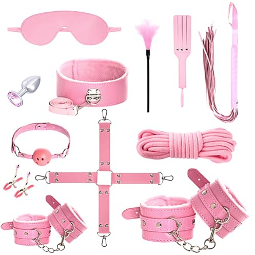 12er BDSM Bondage Set Fesselset Erotik SM Sex Spielzeug Zugband Handschellen Knöchelmanschetten Analplug Nippelklemmen Ballknebel Federkitzler Augenmaske Peitsche Paddel Baumwollseil (rosa)