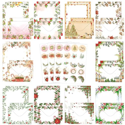 Cyiecw 160 Stück Weihnachten Briefpapier mit Umschläge Set (10 Farben), 50 A5 Bunt Bedruckte Briefbögen und 50 Briefumschläge, Briefpapier Mädchen mit 3 Stickerbogen, Geschenkidee